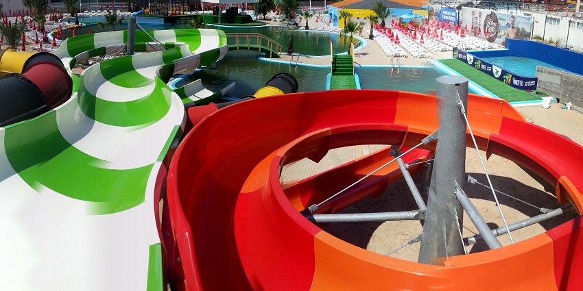 The water park includes high-speed slides.