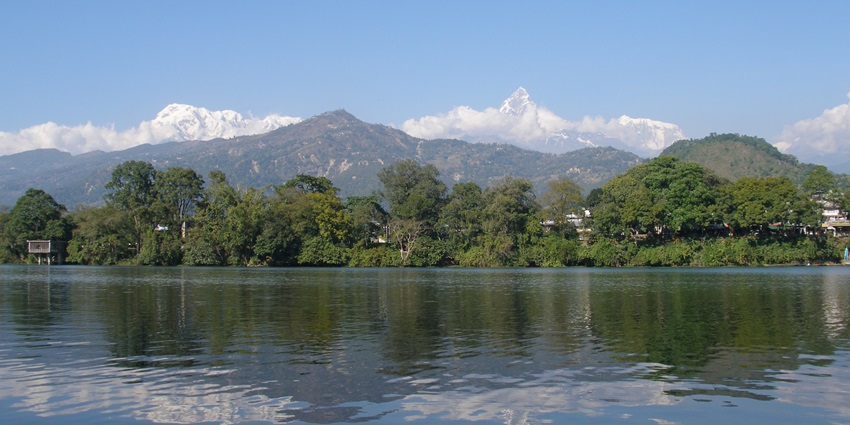 The serene Phewa Lake is a freshwater beauty with lush hills in the background
