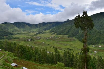 A panoramic view of Phobjikha Valley in Bhutan which offers lush green meadows.