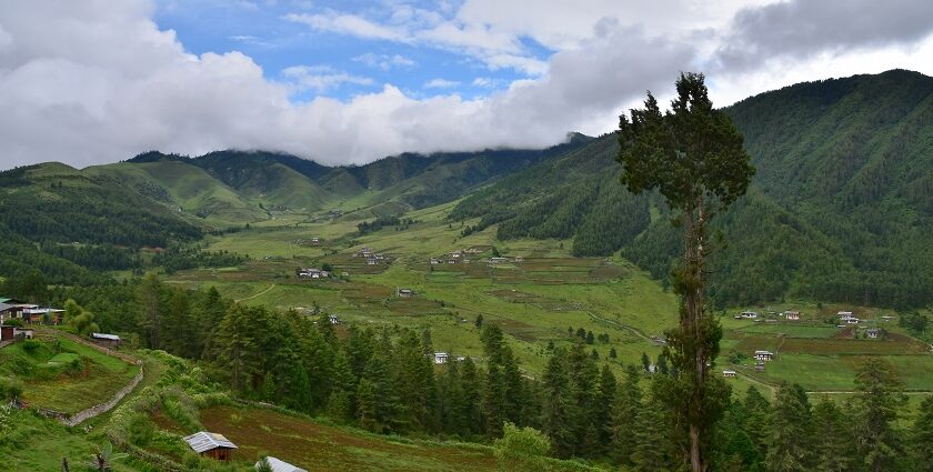 A panoramic view of Phobjikha Valley in Bhutan which offers lush green meadows.