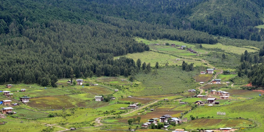 A tranquil scene of the valley with clear skies and expansive grassy plains.