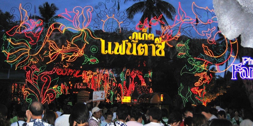 An enchanting view of Phuket Fantasea with tourists, near bungee jumping Thailand Phuket.