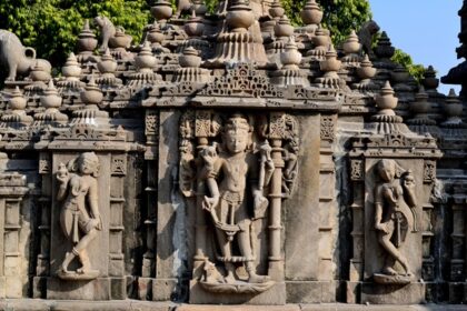 Scenic image of the historic jain temple with carving of gods on the walls a perfect picnic spot in Ahmedabad