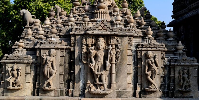 Scenic image of the historic jain temple with carving of gods on the walls a perfect picnic spot in Ahmedabad