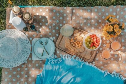 Image of a picnic set up on a green grass field with decorative items, food and drinks