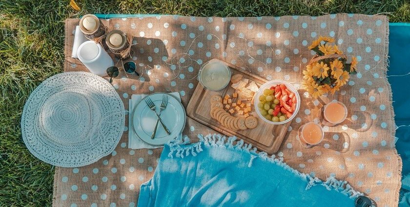 Image of a picnic set up on a green grass field with decorative items, food and drinks