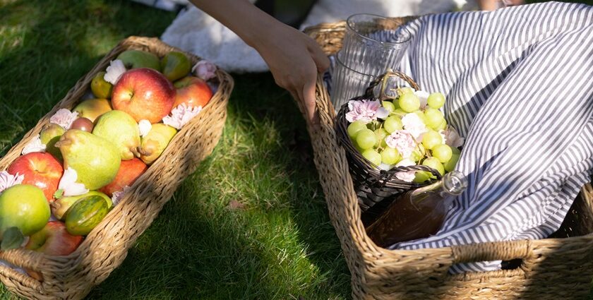 Image of baskets with fruits and other food for picnic - picnic places in Gujarat