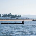 A view of the glistening waters of Goa decked with boats against a picturesque backdrop.