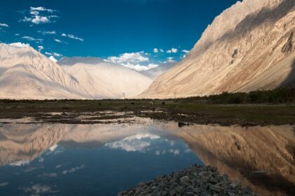 Panoramic view of the beautiful lake at the Nubra Valley in the lap of great Himalaya