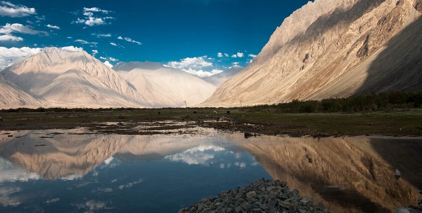 Panoramic view of the beautiful lake at the Nubra Valley in the lap of great Himalaya