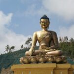 Panoramic view of Buddha in Thimphu, nestled among lush green hills and clear blue sky