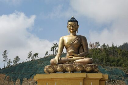 Panoramic view of Buddha in Thimphu, nestled among lush green hills and clear blue sky