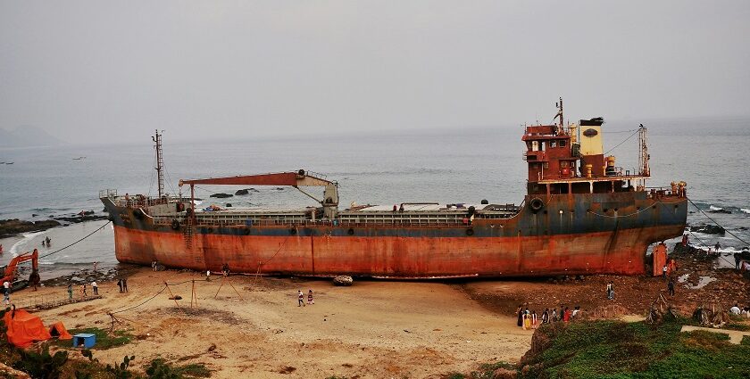 A rustic cargo ship halted at one of the ports in Visakhapatnam with a perfect backdrop.