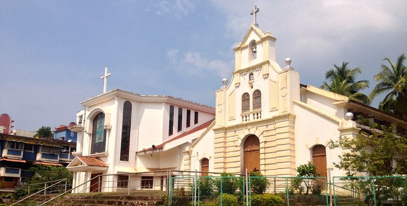 A picture of a church near Margao surrounded by beautiful gardens