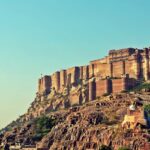 An image showing a wide-angle view of the historic Rajasthan fort.