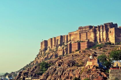 An image showing a wide-angle view of the historic Rajasthan fort.