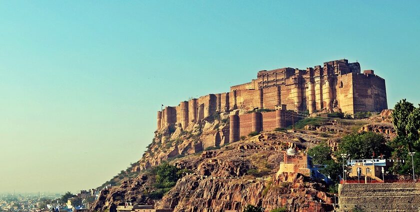 An image showing a wide-angle view of the historic Rajasthan fort.