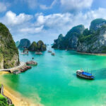 A breathtaking view of Ha Long Bay in northeastern Vietnam, showcasing its iconic limestone