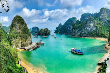 A breathtaking view of Ha Long Bay in northeastern Vietnam, showcasing its iconic limestone