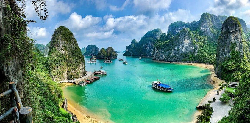 A breathtaking view of Ha Long Bay in northeastern Vietnam, showcasing its iconic limestone