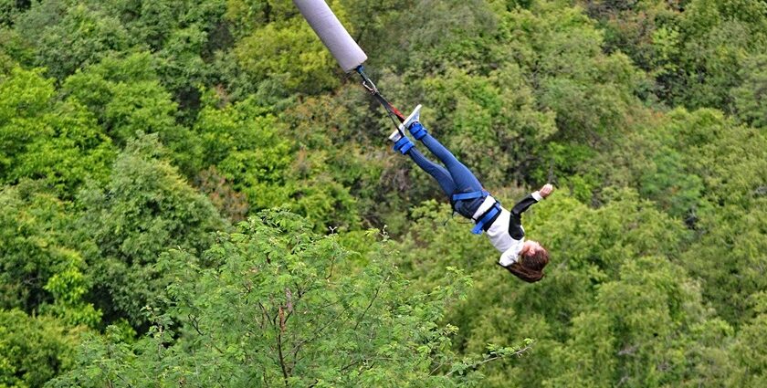 Pokhara bungee jumping platform offers a cityscape view during the jump.