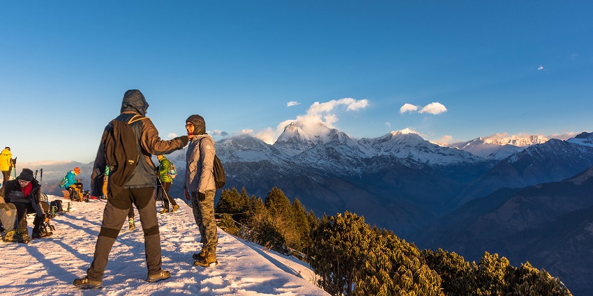 Breathtaking sunrise view from Poon Hill with Annapurna and Dhaulagiri peaks landscape