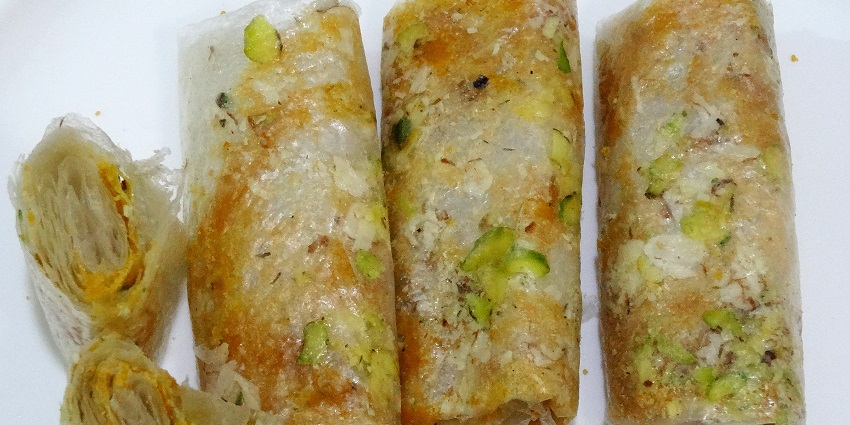 A view of the famous sweet dish, Pootharekulu, one of the best foods in Rajahmundry.
