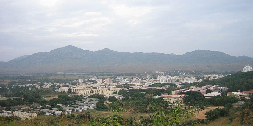 Panoramic view of the beautiful Prasanthi Nilayam surrounded by lush vallies of Andhra