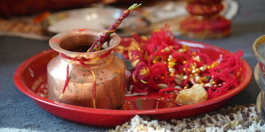 A beautifully arranged pooja thali with traditional items - popular local festival of Tripura.