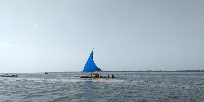 A picture of one of the best places to visit near Nellore, the Pulicat Lake, with a boat sailing in the middle