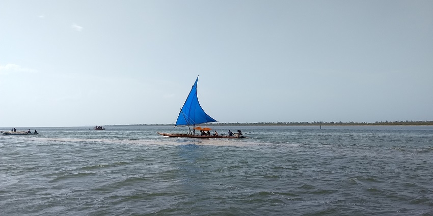 Clear view of the Pulicat Lake where a blue colored boat is sailing through winds