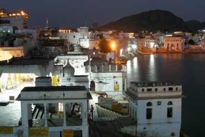 View of the lake at night, one of the best places to experience the authentic Pushkar nightlife