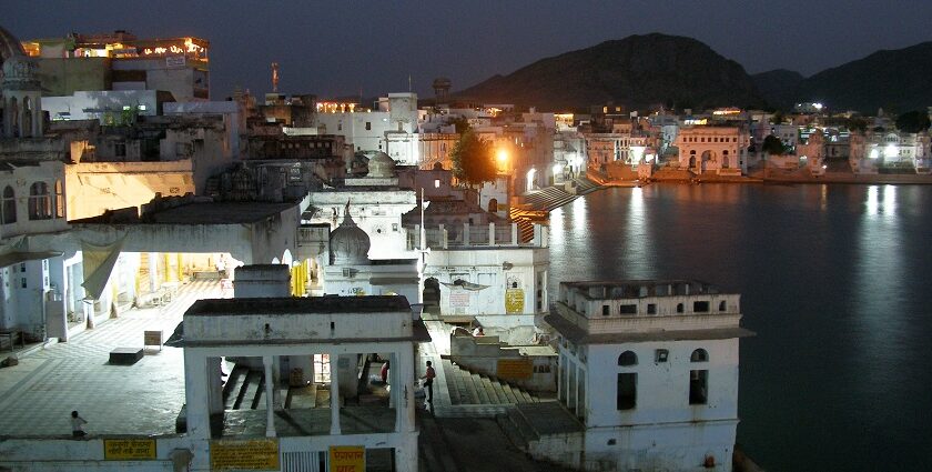 View of the lake at night, one of the best places to experience the authentic Pushkar nightlife