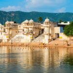 Serene view of temples on Pushkar Lake Ghats, a spiritual haven among Pushkar Temples