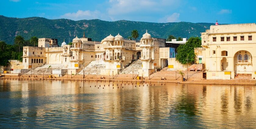 Serene view of temples on Pushkar Lake Ghats, a spiritual haven among Pushkar Temples