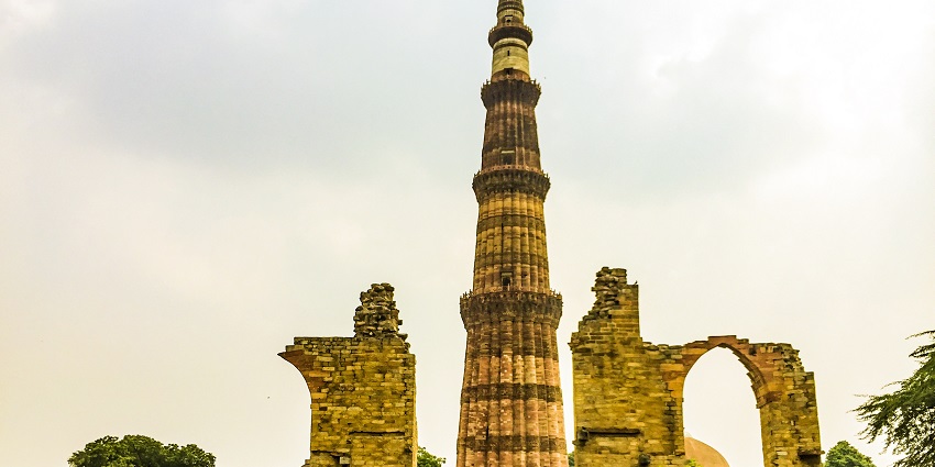 Qutub Minar is made with red sandstone having 5 different stories each with a separate balcony.