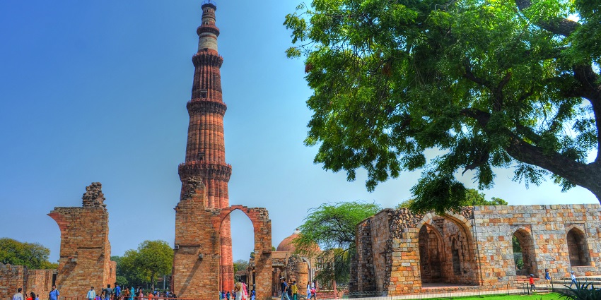 A picture of a UNESCO World Heritage site, Qutub Minar, located near Hauz Khas Fort, taken from its garden area