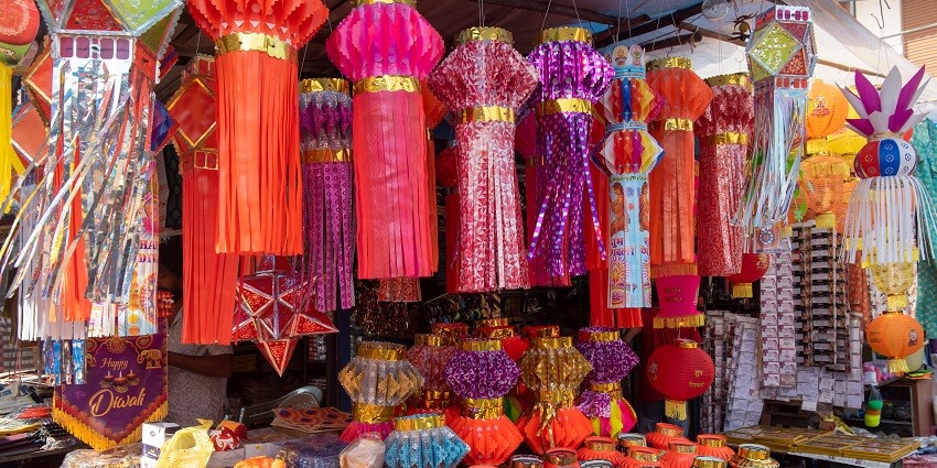 Brightly coloured stalls display Navratri accessories, at the Raipur Bhajiya House Market
