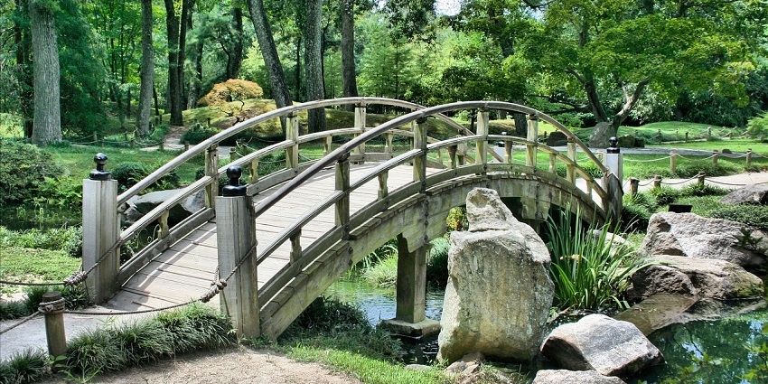 A breathtaking view of Japanese garden featuring a wooden bridge arching over a calm pond.