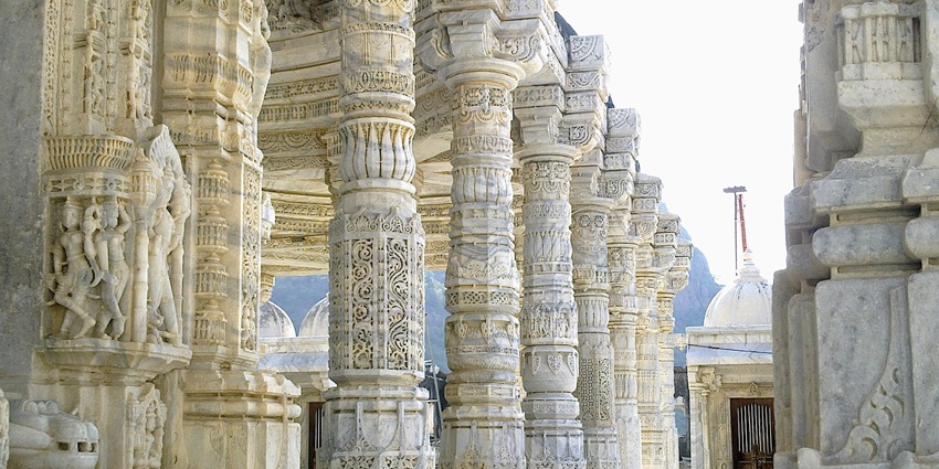 The engraved pillars at Jain temples in Gujarat.