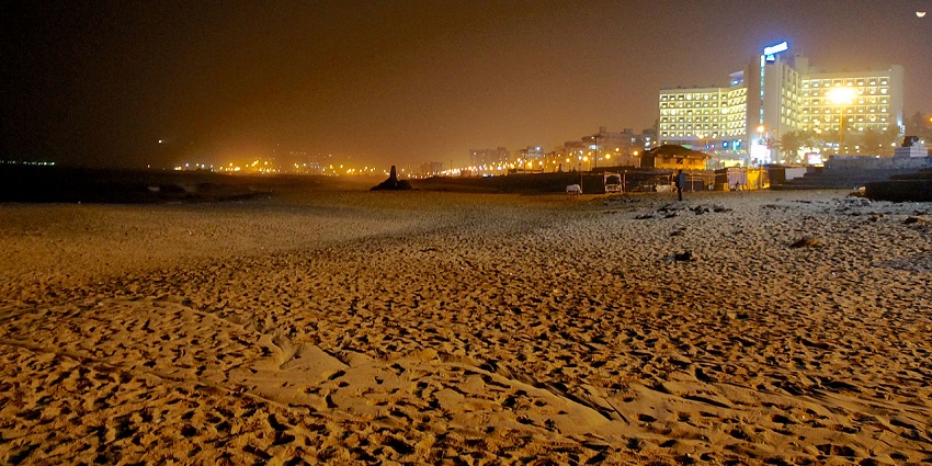 A view of Ramakrishna Beach in Visakhapatnam at night near the submarine museum