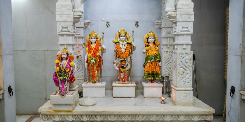 Image of Beautiful idols of Lord Rama, Goddess Sita, Lord Hanuman, and Laxman being worshipped at a Hindu temple