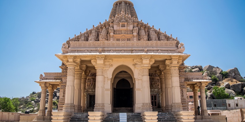 The intricate and well-designed front view of one of the Jain temples in Ahmedabad.