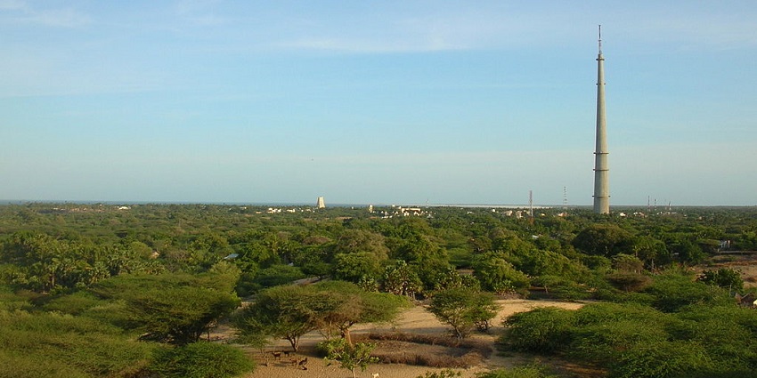 Hillock with small temple amid greenery on Pamban Island’s western side.