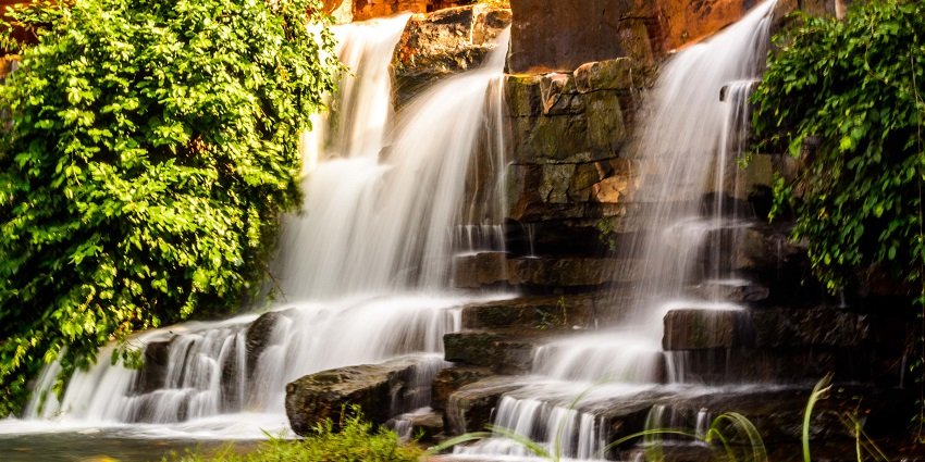A picture showing a waterfall amidst a verdant green forest