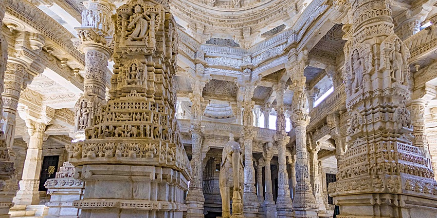 Intricately carved pillars of Ranakpur Temple, a famous and religious place to visit.