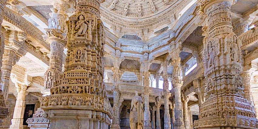 A close-up view of the Ranakpur Jain Temple, a famous tourist destination in Pali.