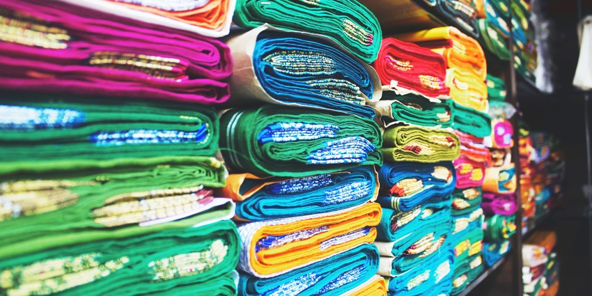 Colourful Sarees displayed in the Ranas Dressing Royal, a famous saree shop in Jaipur