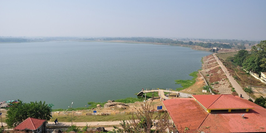 A view of Ranchi Lake in the centre surrounded by buildings and greenery
