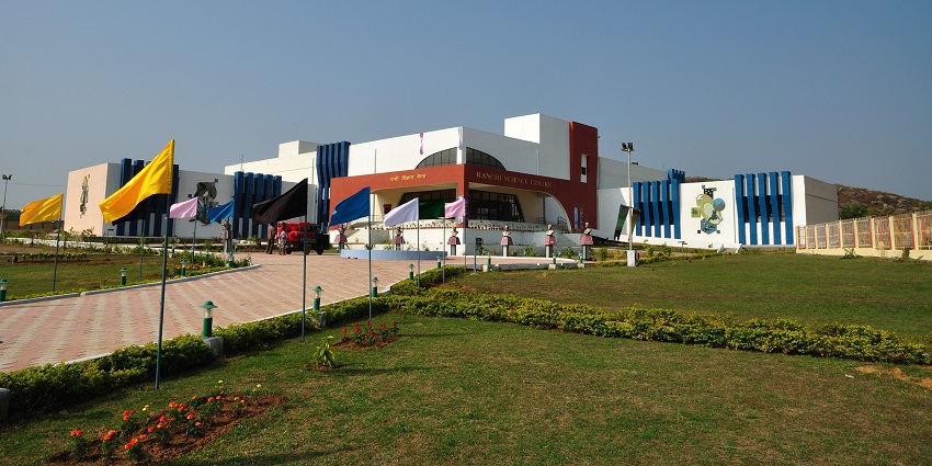 Ranchi Science Centre building with its modern design surrounded by greenery and pathways